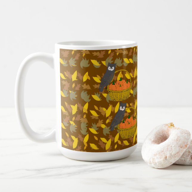 Coffee Mug Owl and Autumn Pumpkins  (With Donut)