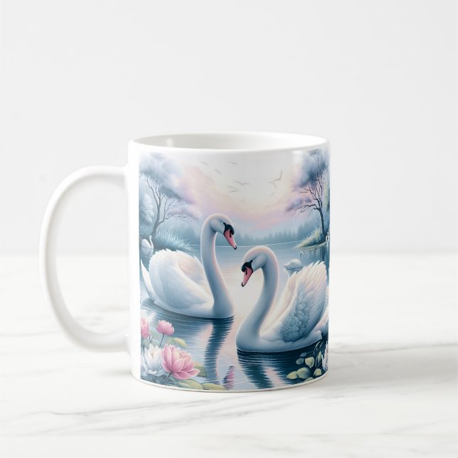 Coffee Mug - Swans in a Tranquil Lily Pond (Left)