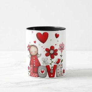 Coffee mug with design little girl with love plant
