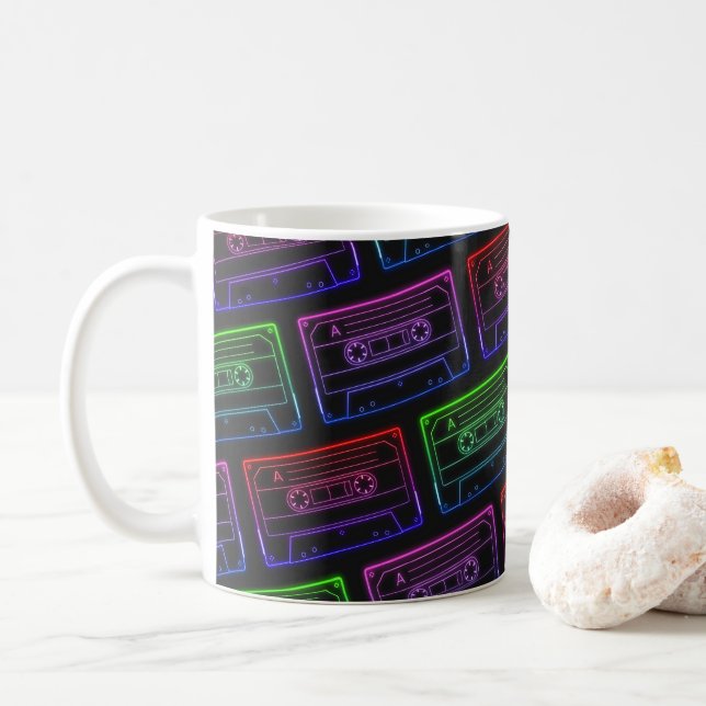 Coffee Mug With Neon Multicolor Cassette Pattern (With Donut)