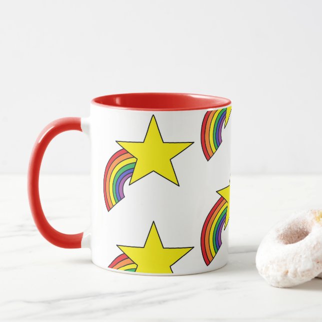 Coffee Mug With Rainbows and Yellow Stars  (With Donut)