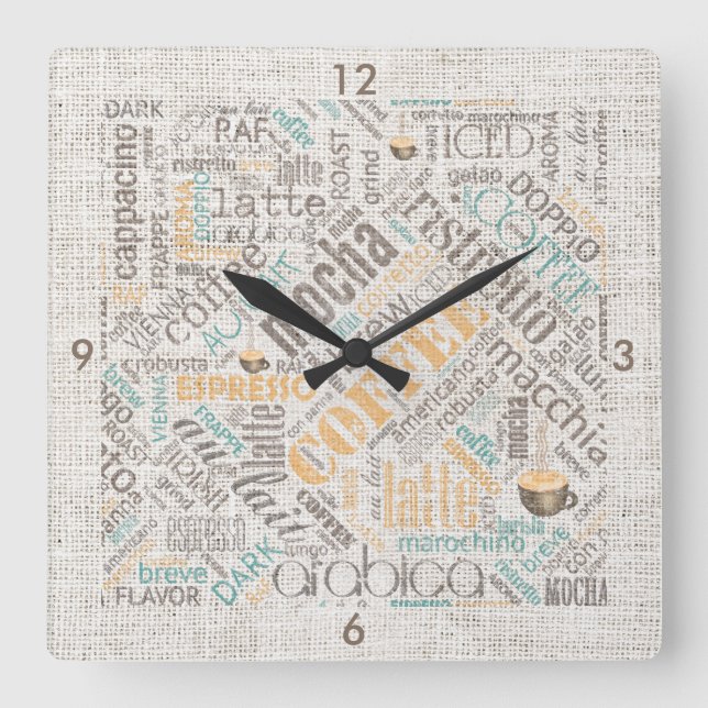 Coffee on Burlap Word Cloud Teal ID283 Square Wall Clock (Front)