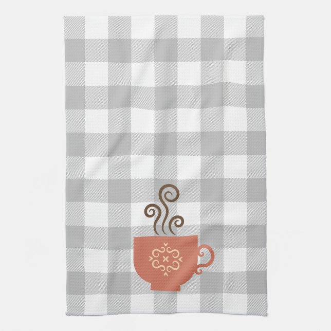 Coffee or Tea Cup on Grey Buffalo Plaid Tea Towel (Vertical)