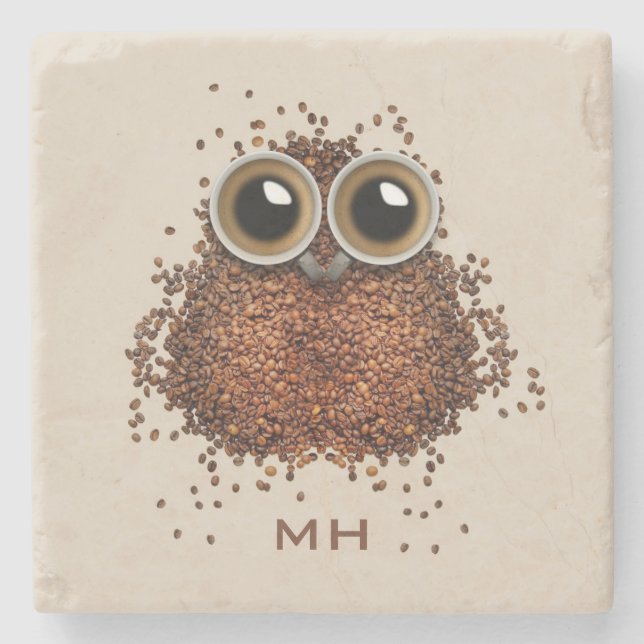 Coffee Owl custom monogram stone coasters (Front)