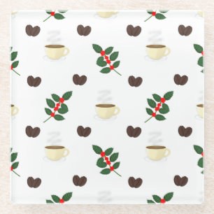 Coffee Pattern with Beans, Cups, and Coffee trees Glass Coaster