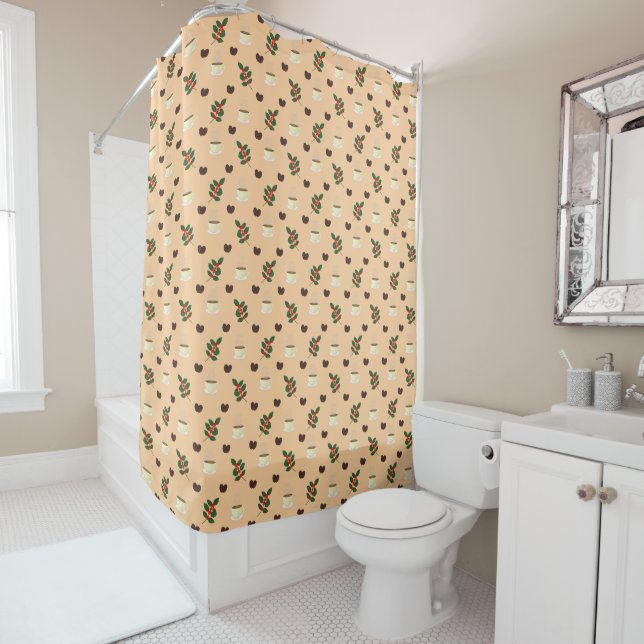 Coffee Pattern with Beans, Cups, and Coffee trees Shower Curtain (In Situ)