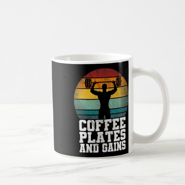 Coffee Plates And Gains - Retro Weightlifting Work Mug (Right)