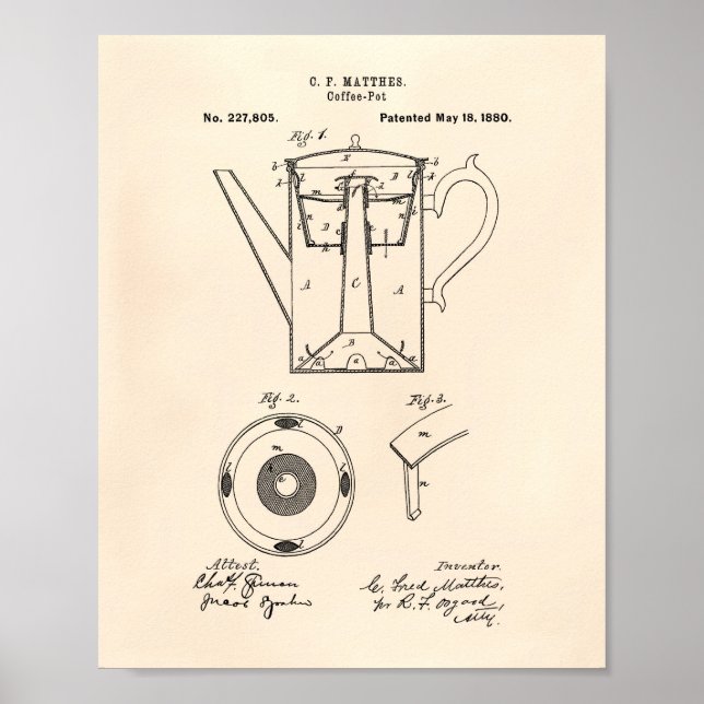 Coffee Pot 1880 Patent Art Old Peper Poster (Front)