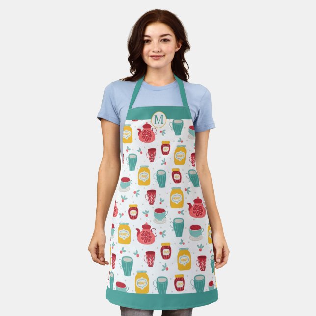 Coffee Pot, Jam, Honey Jar Pattern Monogram Apron (Worn)
