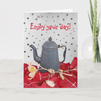 Coffee pot memories & red tablecloth Birthday card