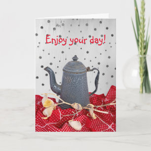 Coffee pot memories & red tablecloth Birthday card