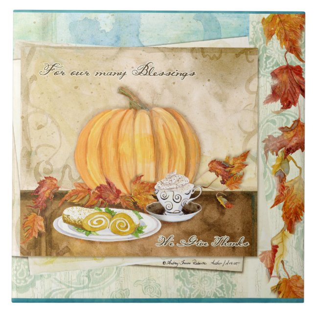 Coffee Pumpkin Autumn Fall Harvest Kitchen Decor Ceramic Tile (Front)