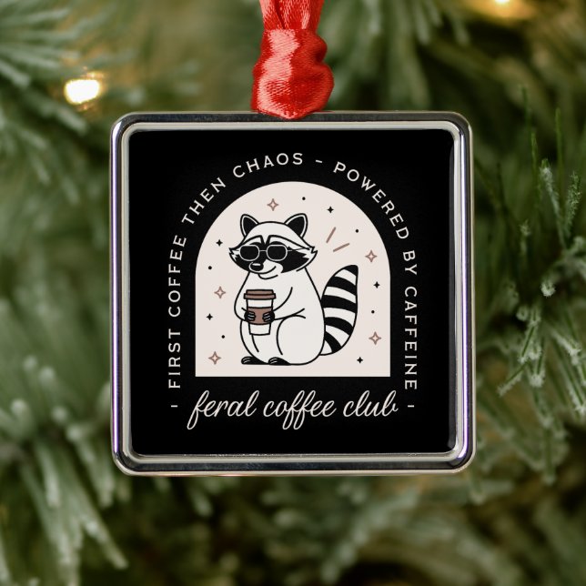 Coffee racoon lovers funny weird animal black metal ornament (Tree)