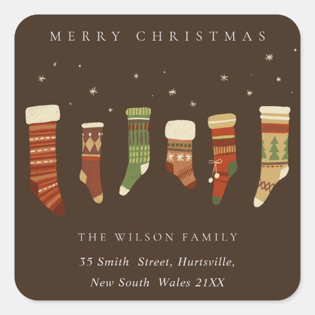 COFFEE RED GREEN STAR CHIRSTMAS STOCKINGS ADDRESS SQUARE STICKER (Front)