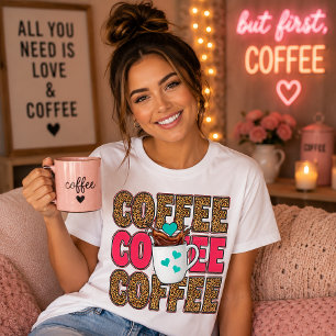 Coffee Repeat Leopard Print Retro Pink Splash T-Shirt