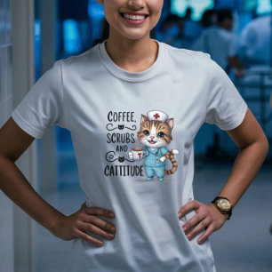 Coffee, Scrubs, and Cattitude - Cute Nurse Cat T-Shirt