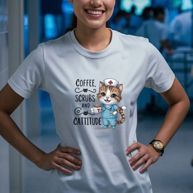 Coffee, Scrubs, and Cattitude - Cute Nurse Cat T-Shirt (Coffee, Scrubs, and Cattitude - Nurse Cat T-Shirt for Cat Lovers)
