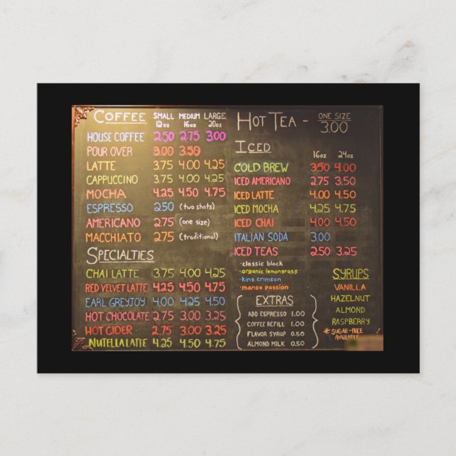 Coffee Shop Menu Board  -  Postcard (Front)
