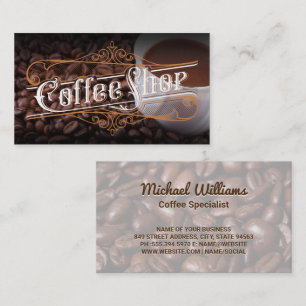 Coffee Shop Vintage Lettering   Cup and Beans Business Card