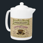 Coffee Shop with Cup Create Your Own Personalised<br><div class="desc">This coffee-themed teapot is perfect for anyone who runs their own coffee shop or has a coffee theme in their home kitchen decor. Done in retro brown, green, purple and hints of orange, this espresso / cappuccino inspired design features a cup on a saucer, two personalised text banners and the...</div>