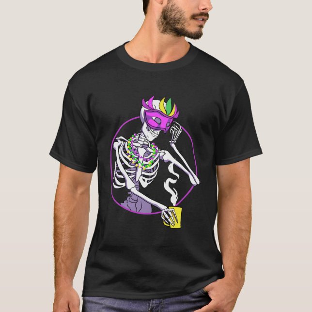 Coffee  Skeleton Mardi Gras Celebration T-Shirt (Front)