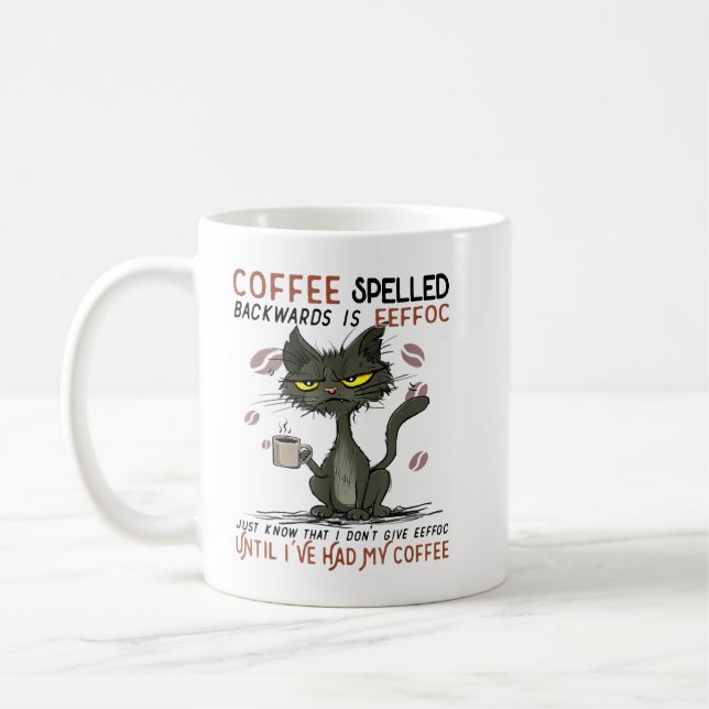 COFFEE Spelled Backwards is EEFFOC Cat Drinking Co Mug (Left)