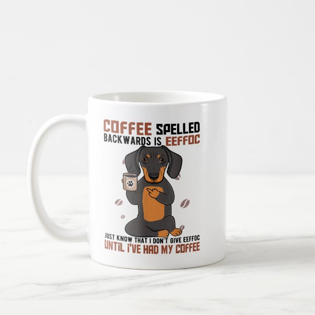 COFFEE Spelled Backwards is EEFFOC Doberman Drinki Mug (Left)