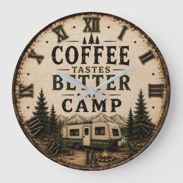 Coffee Tastes Better at Camp Rustic Large Clock (Front)
