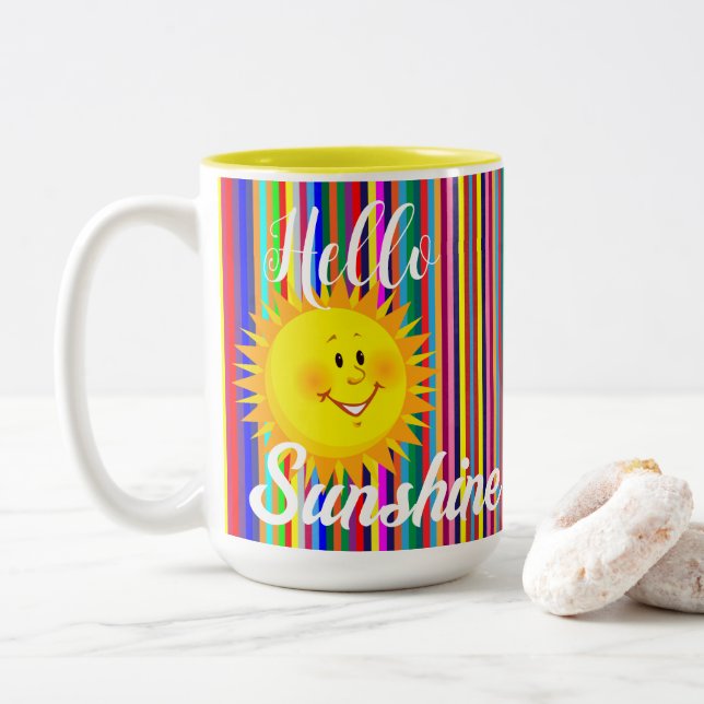 Coffee Tea Mugs, Hello Sunshine Sun Stripes  Two-Tone Coffee Mug (With Donut)