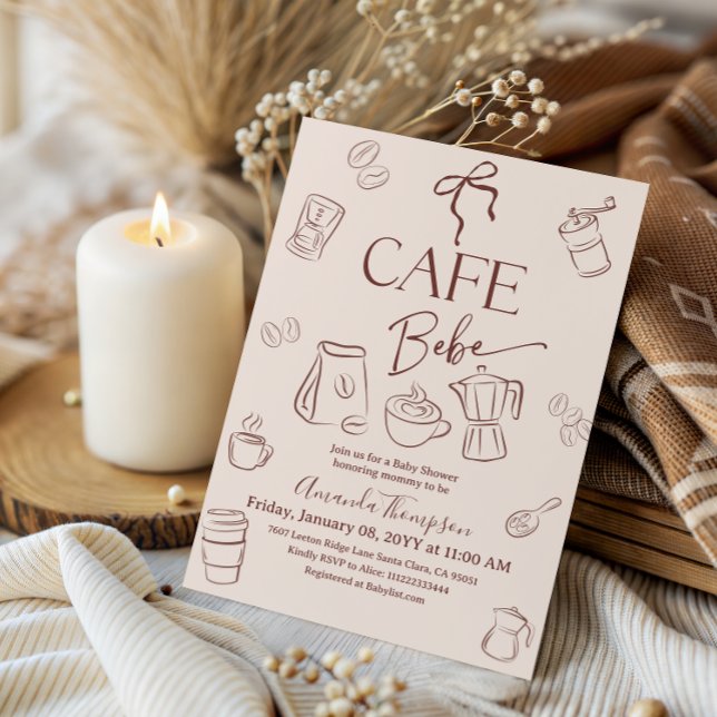 Coffee Theme Beige Bow Cafe Bebe Baby Shower Invitation (Creator Uploaded)