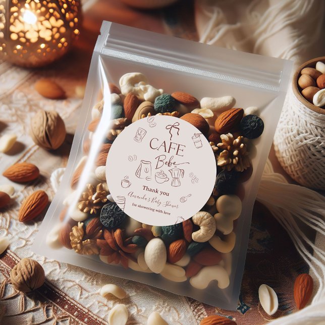 Coffee Theme Beige Cafe Bebe Brewing Baby Shower Classic Round Sticker (Creator Uploaded)