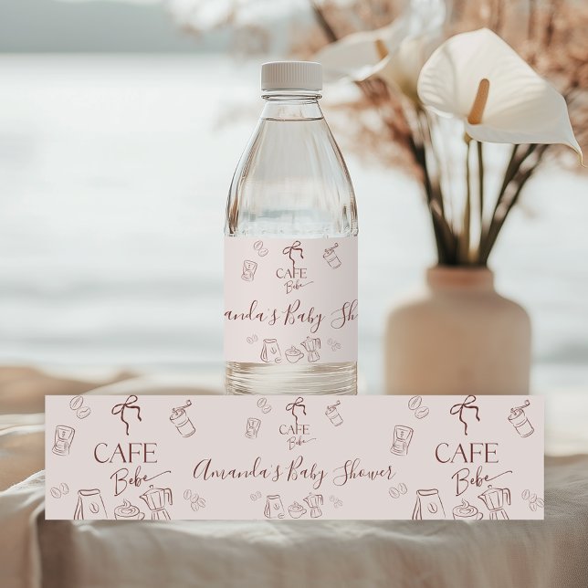 Coffee Theme Beige Cafe Bebe Brewing Baby Shower Water Bottle Label (Creator Uploaded)