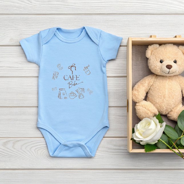 Coffee Theme Blue Bow Cafe Bebe Boy Baby Shower Baby Bodysuit (Creator Uploaded)