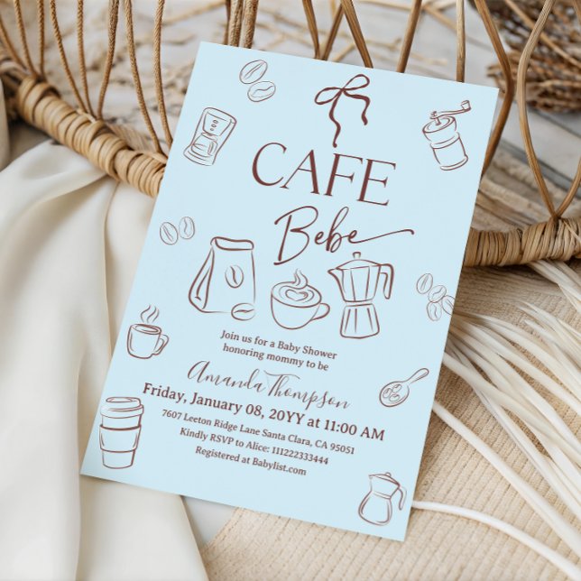Coffee Theme Blue Bow Cafe Bebe Boy Baby Shower Invitation (Creator Uploaded)