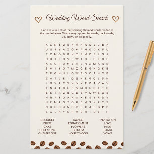 Coffee Theme Bridal Shower Word Search Game Card