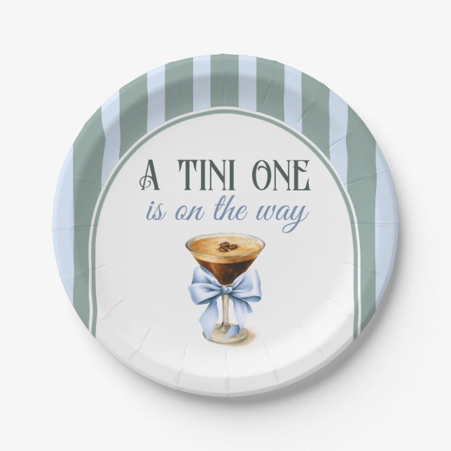 Coffee Theme Espresso Martini Blue Bow Baby Shower Paper Plate (Front)