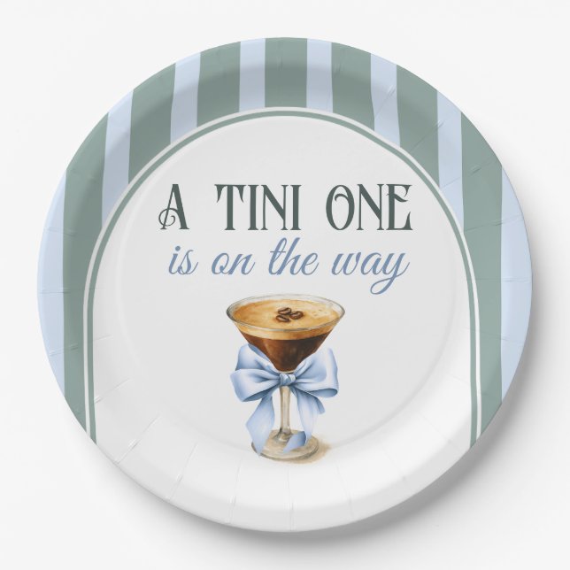 Coffee Theme Espresso Martini Blue Bow Baby Shower Paper Plate (Front)