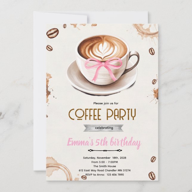 Coffee theme girl party invitation (Front)