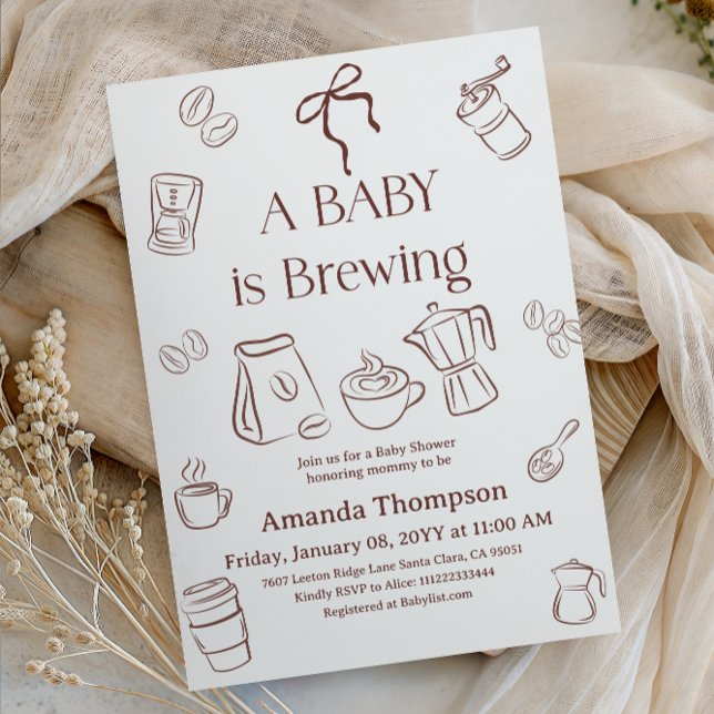 Coffee Theme Neutral Bow Brewing Baby Shower Invitation (Creator Uploaded)