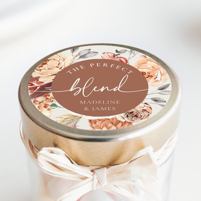 Coffee Theme "The Perfect Blend" Wedding Favour Classic Round Sticker (Creator Uploaded)