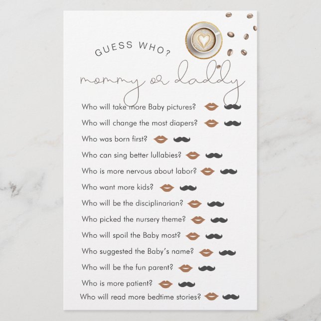 Coffee Themed Baby Shower "Guess Who" Game (Front)