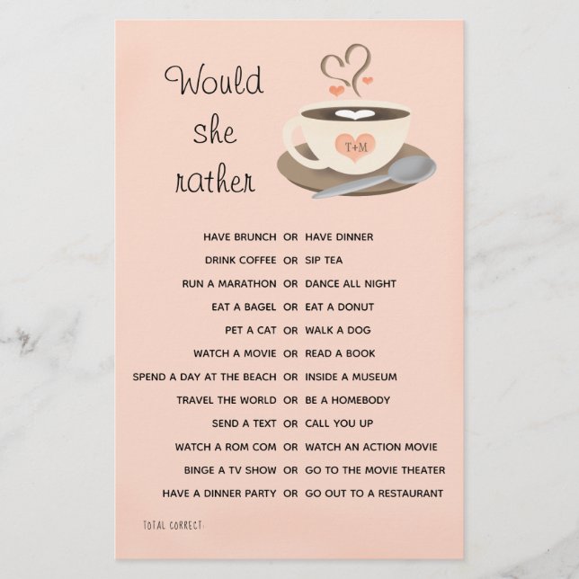 Coffee Themed Would She Rather Bridal Shower Game (Front)