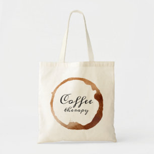 Coffee therapy text on a coffee cup stain design tote bag
