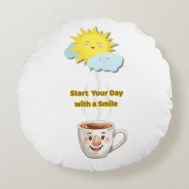 Coffee Time – Cute Smiling Cup Round Cushion (Front)