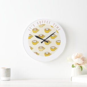 Coffee Time Latte Art in Cute Yellow Coffee Mugs Large Clock
