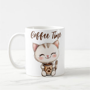 Coffee Time Mug - Cute Cartoon Cat Drinking Coffee