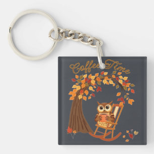 Coffee Time Owl Fall Themed Whimsical Design Key Ring