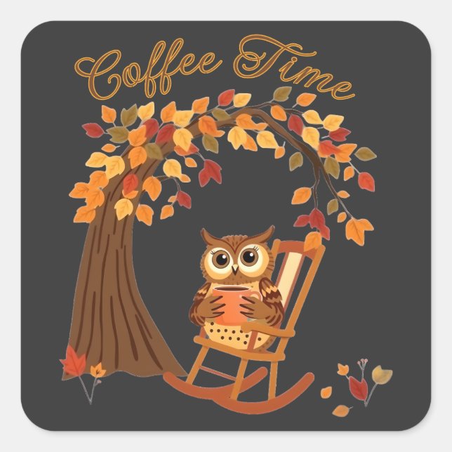 Coffee Time Owl Fall Themed Whimsical Design Square Sticker (Front)