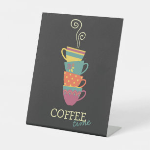 Coffee time stacked steaming cups pedestal sign