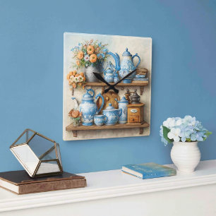 Coffee Time Vintage Coffee Set Blue White  Square Wall Clock